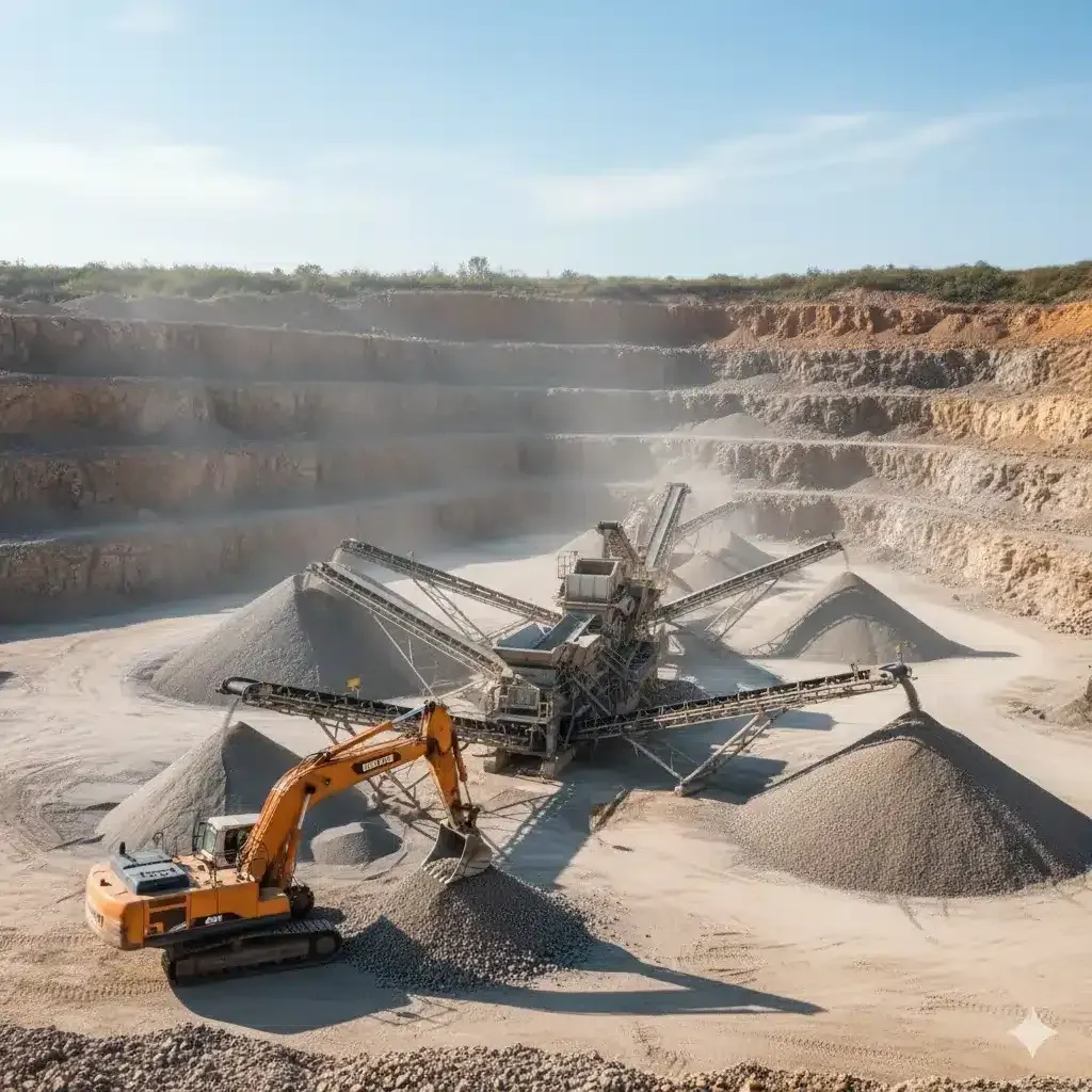 Aggregate quarry crushing circuit with jaw crusher feeding cone crusher and screening plant producing graded crushed stone