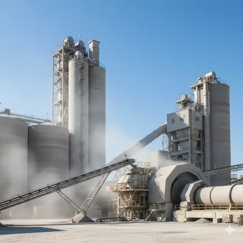 Cement manufacturing plant showing the production chain from raw material crushing through kiln to finish grinding
