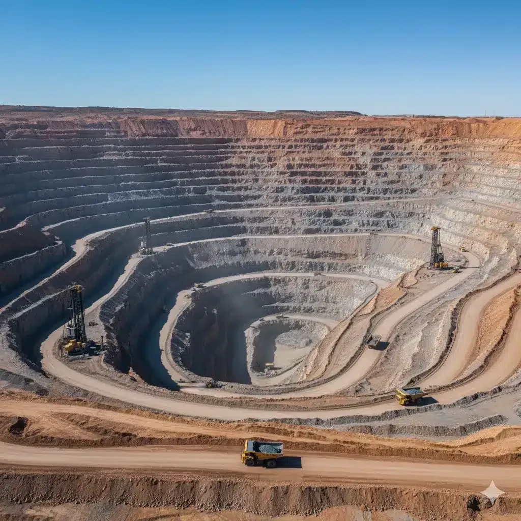 Open-pit mining operation showing haul truck dumping run-of-mine ore into primary gyratory crusher