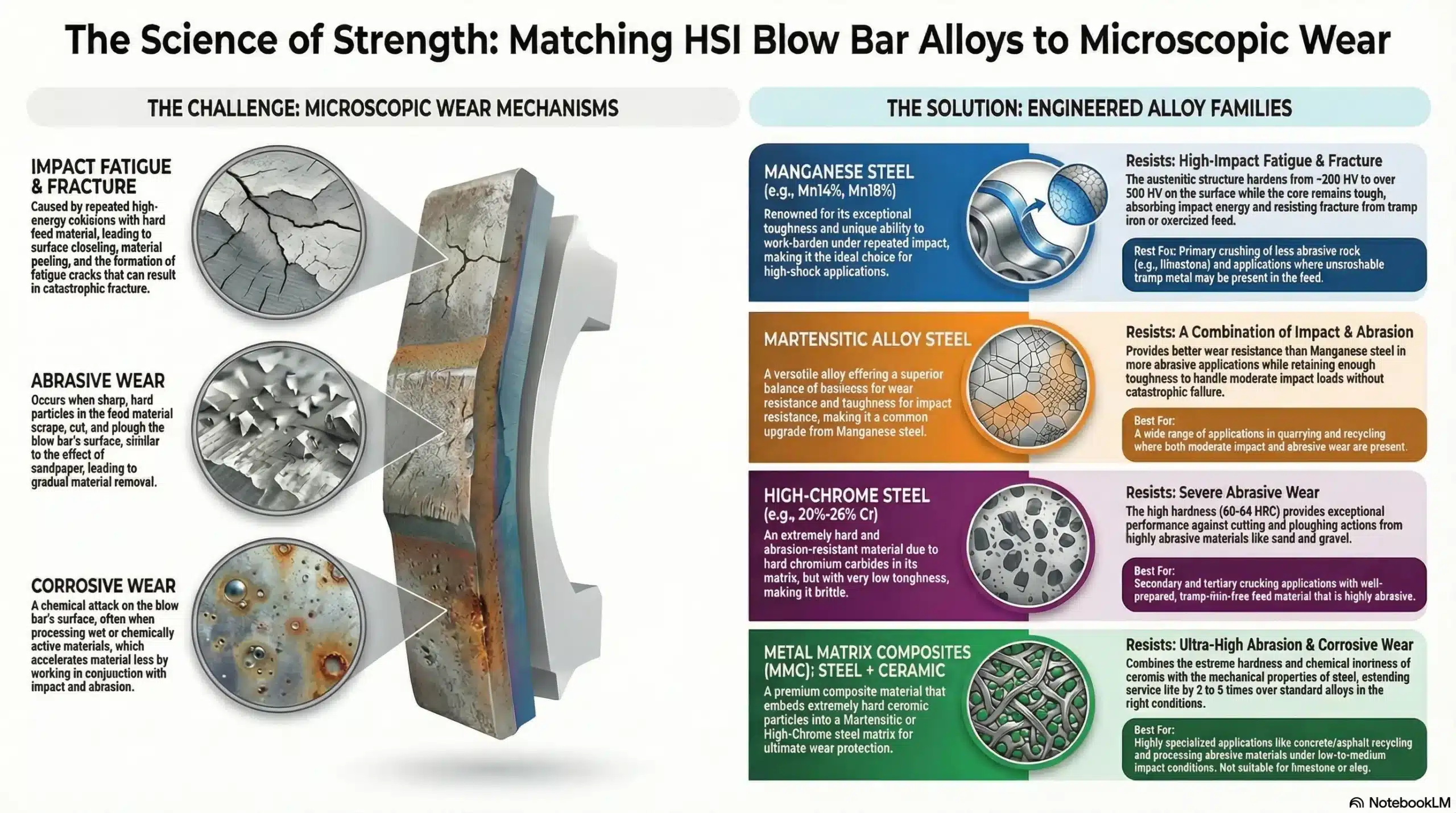 Detailed diagram illustrating microscopic wear mechanisms in HSI blow bars: micro-abrasion, impact fatigue, and erosion corrosion, linking to ATF alloy solutions.